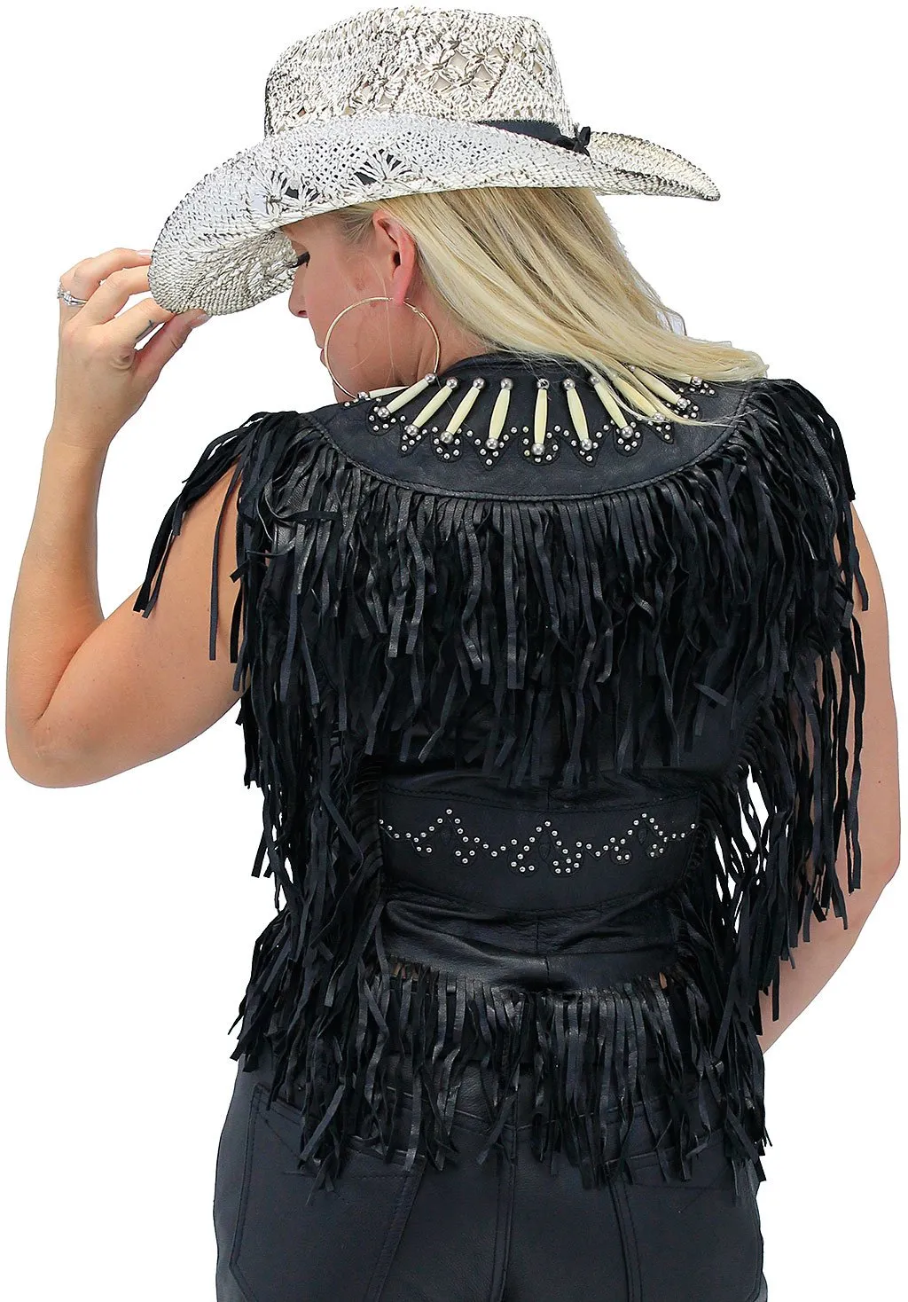 Genuine Bone Studded Fringe Leather Vest #VL4253FBSK ()