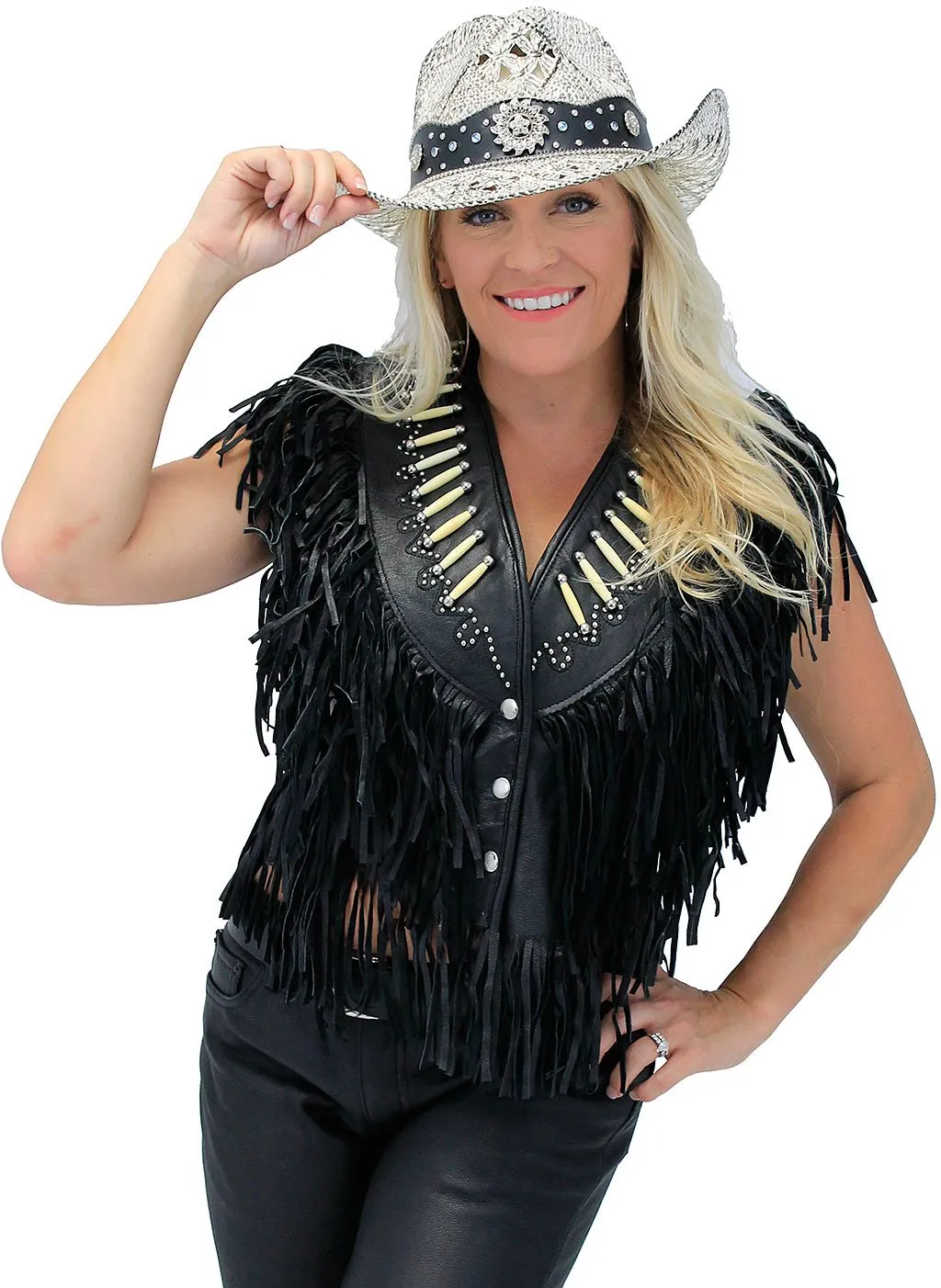 Genuine Bone Studded Fringe Leather Vest #VL4253FBSK ()