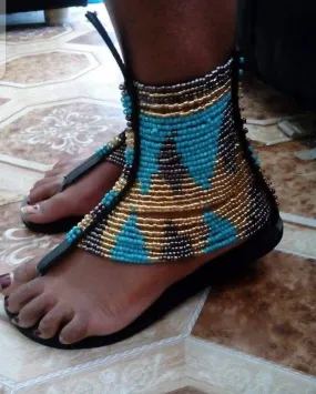 Gold and blue handmade beaded gladiator sandals with free shipping world wide