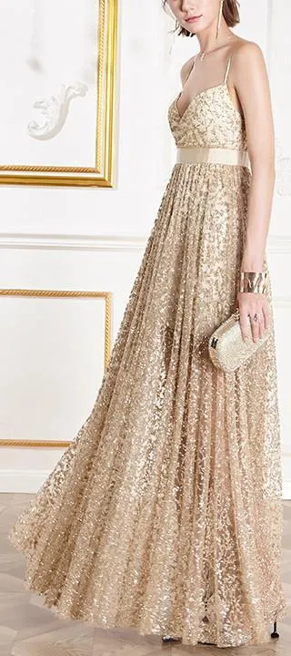 Gold Embroidered Sleeveless Formal Gown