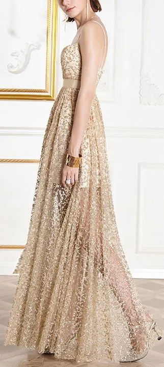 Gold Embroidered Sleeveless Formal Gown