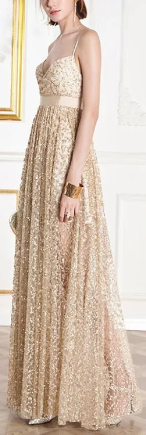 Gold Embroidered Sleeveless Formal Gown