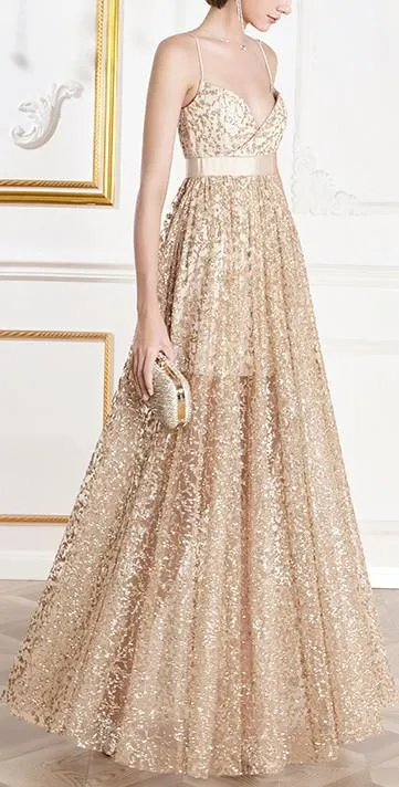 Gold Embroidered Sleeveless Formal Gown