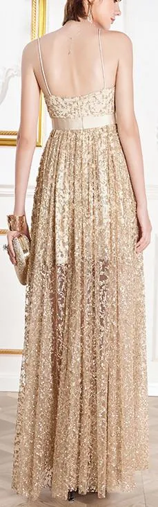 Gold Embroidered Sleeveless Formal Gown