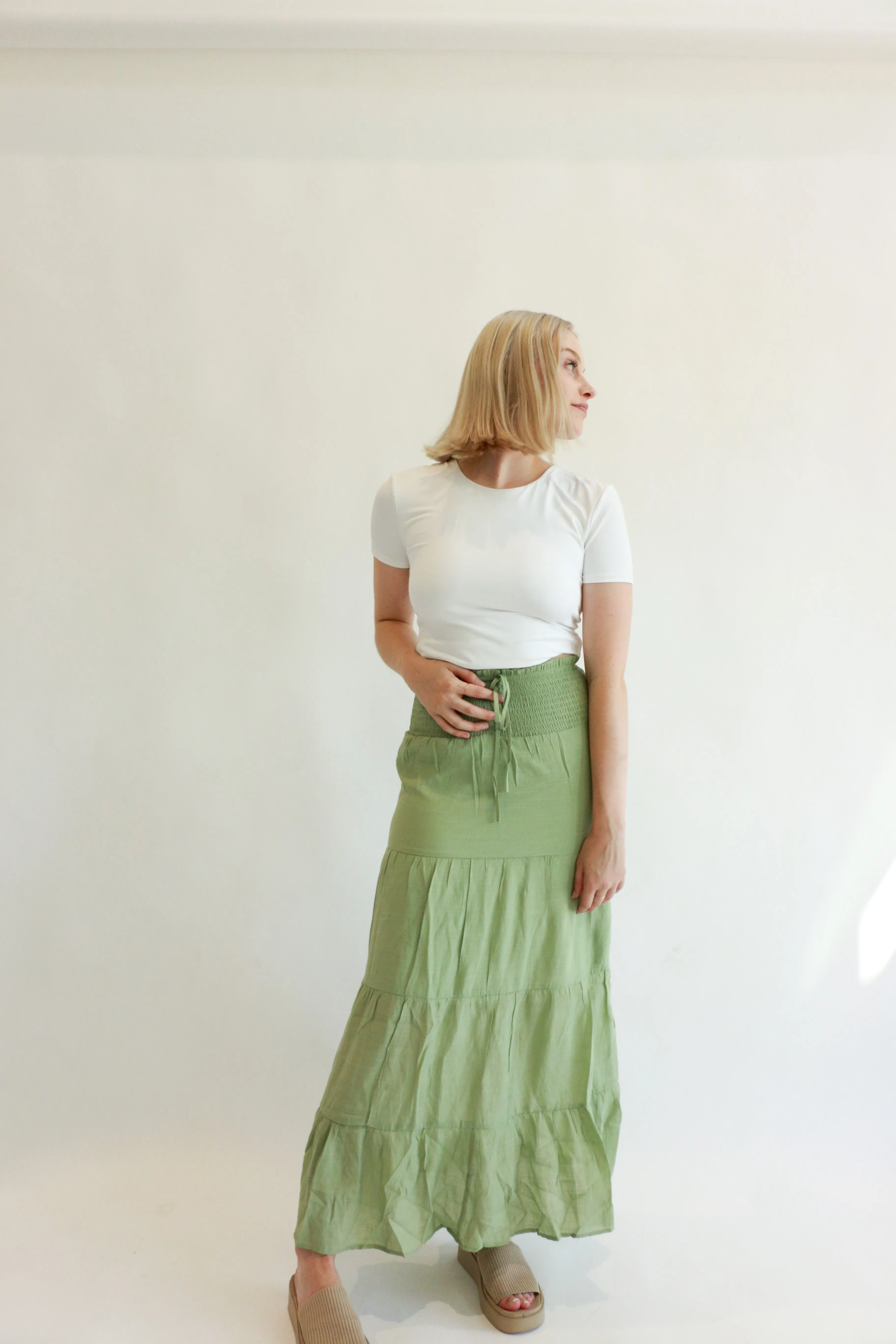 Halle Smocked Tiered Double Layer Long Skirt | Moss