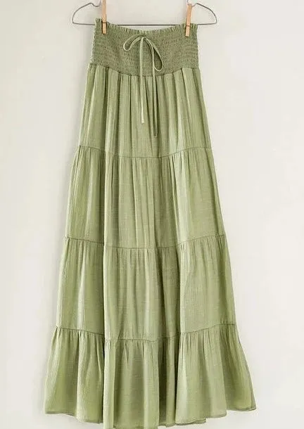 Halle Smocked Tiered Double Layer Long Skirt | Moss