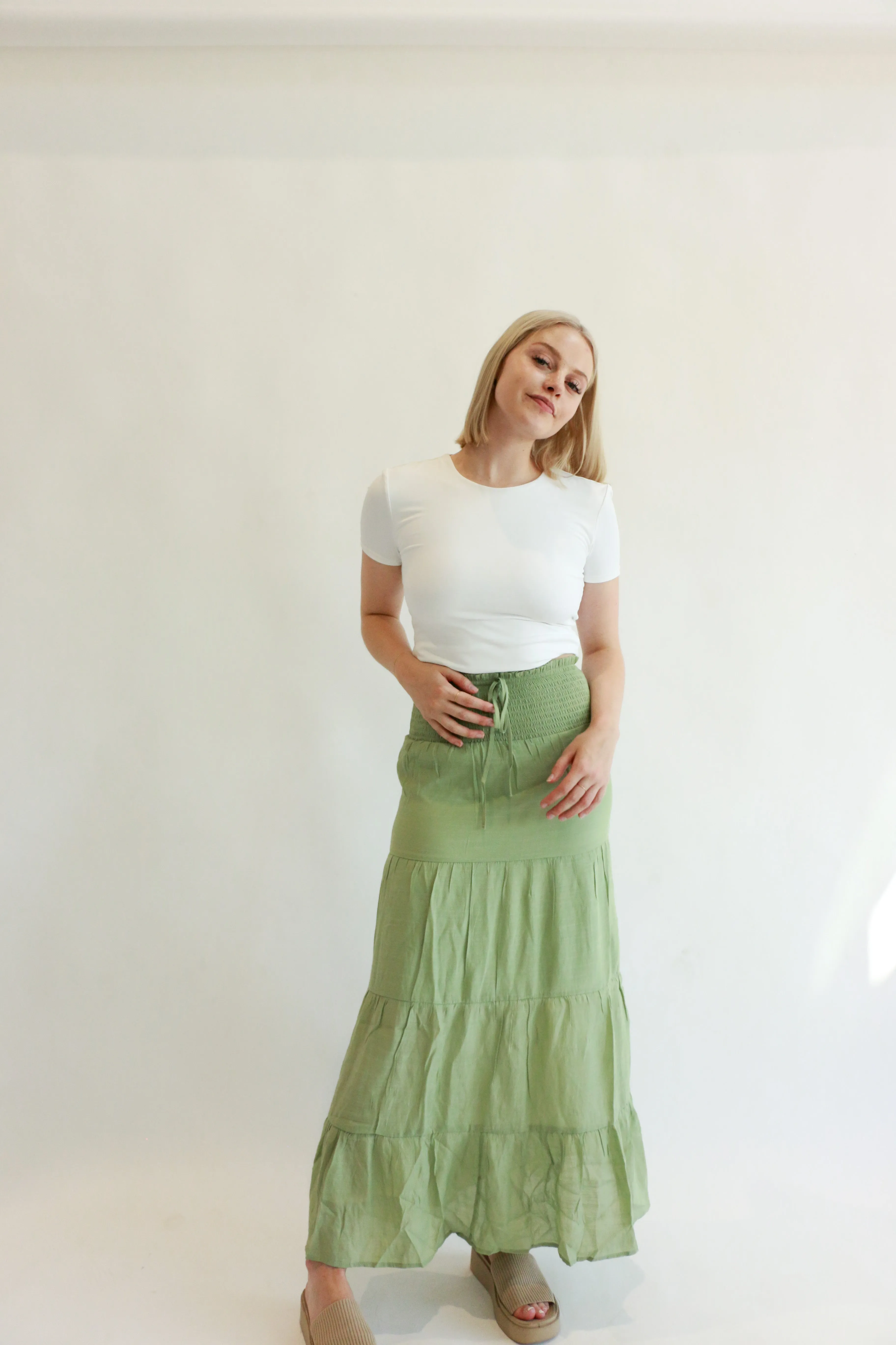 Halle Smocked Tiered Double Layer Long Skirt | Moss