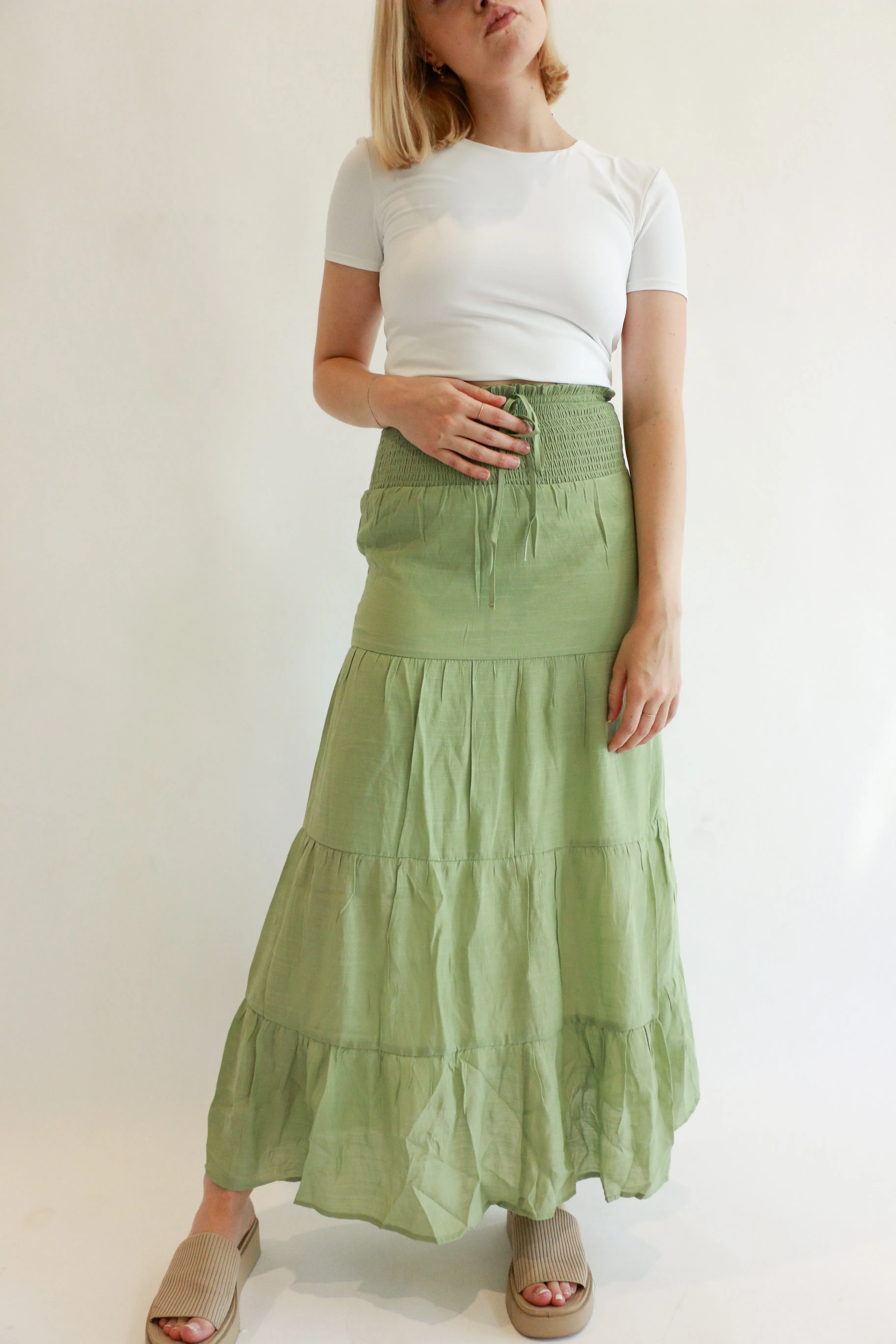 Halle Smocked Tiered Double Layer Long Skirt | Moss