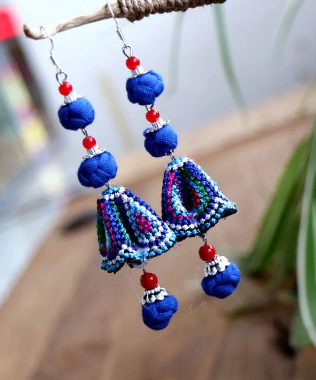 Handmade Red Cotton Linen Embroidered Floral Drop Earrings