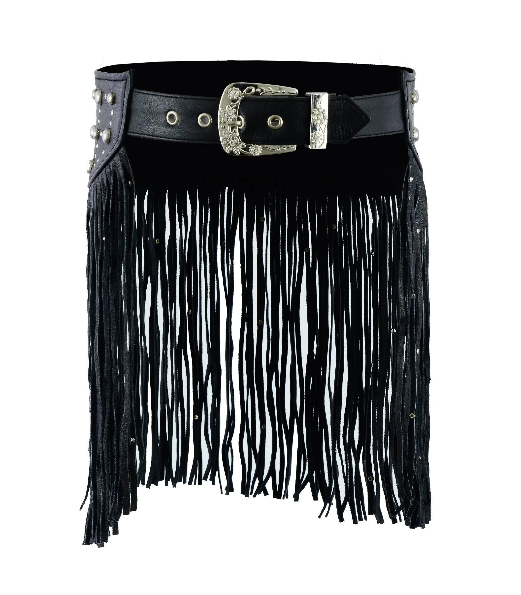 HL90260STUDWomen Leather Tassel Stud Hip Belt for Vintage Western Design Black Waist Belt