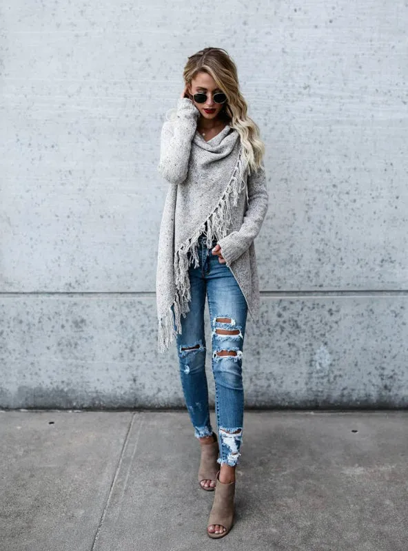 Irregular Slim Fringe Long Cardigan Female Sweater