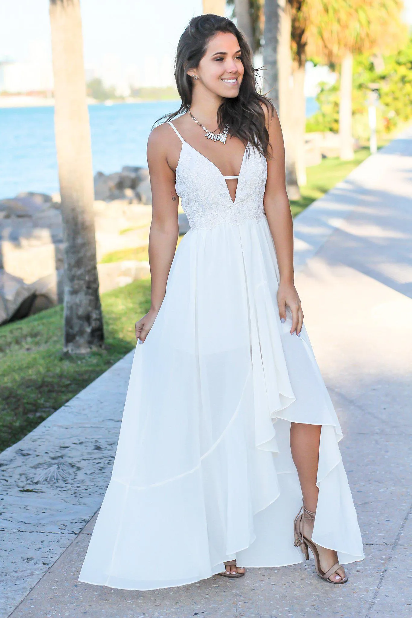 Ivory High Low Dress with Embroidered Top