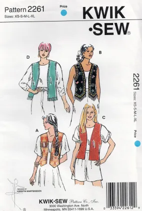 Kwik Sew 2261 Womens Vest / Waistcoats 1990s Vintage Sewing Pattern Size XS - XL UNCUT Factory Folded