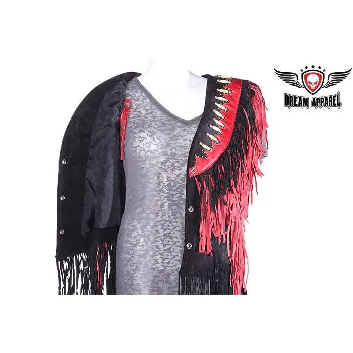 Ladies Black and Red Leather Top with Beads, Bone, Braids and Fringes