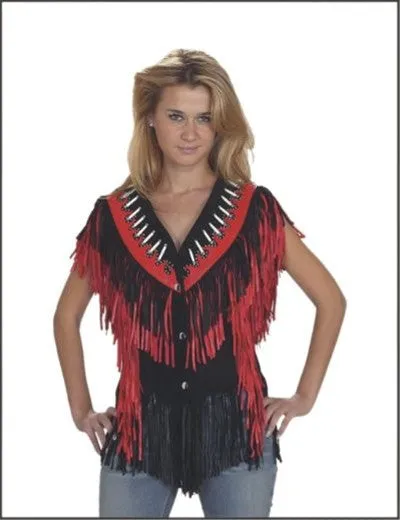 Ladies Black and Red Leather Top with Beads, Bone, Braids and Fringes