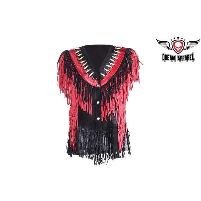 Ladies Black and Red Leather Top with Beads, Bone, Braids and Fringes