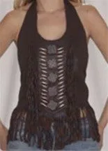 Ladies Brown Leather Top with Beads Bone Braids and Fringes