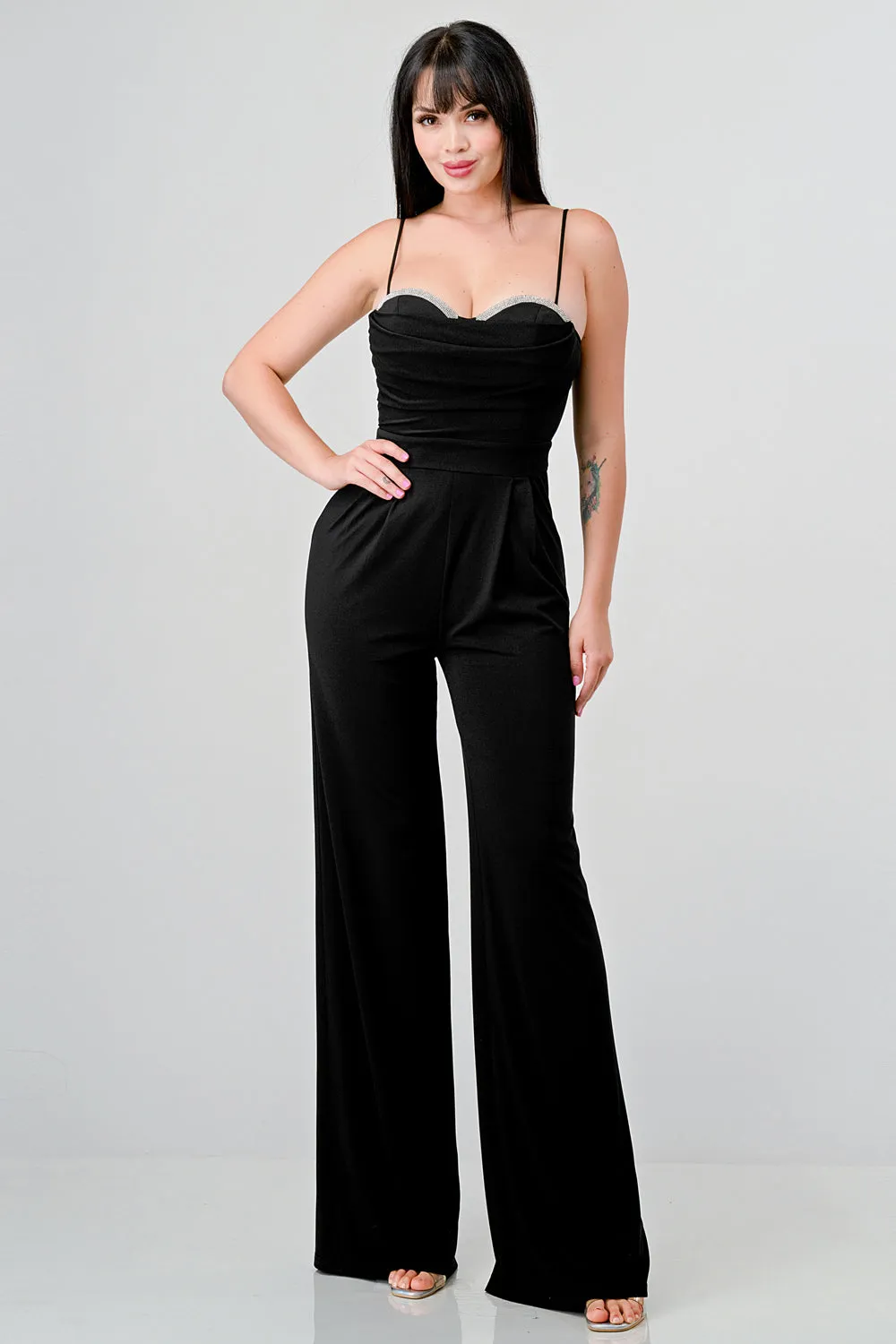 LUXE CRYSTAL EMBELLISHED BUST WIDE LEG JUMPSUIT