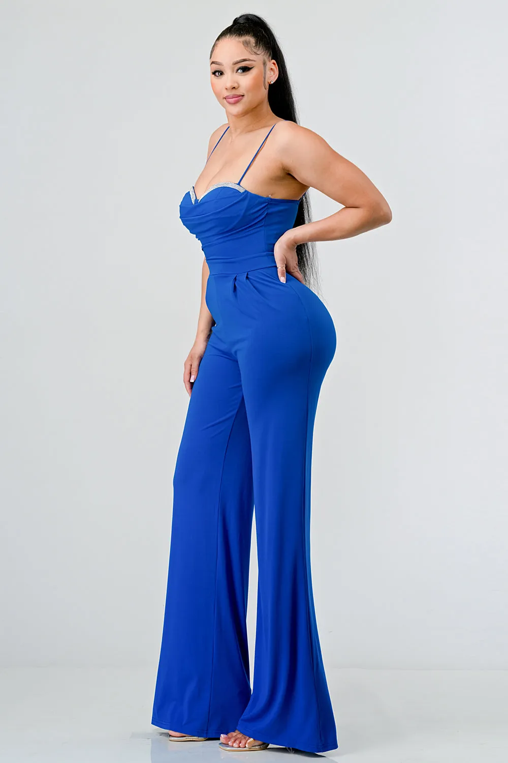 LUXE CRYSTAL EMBELLISHED BUST WIDE LEG JUMPSUIT