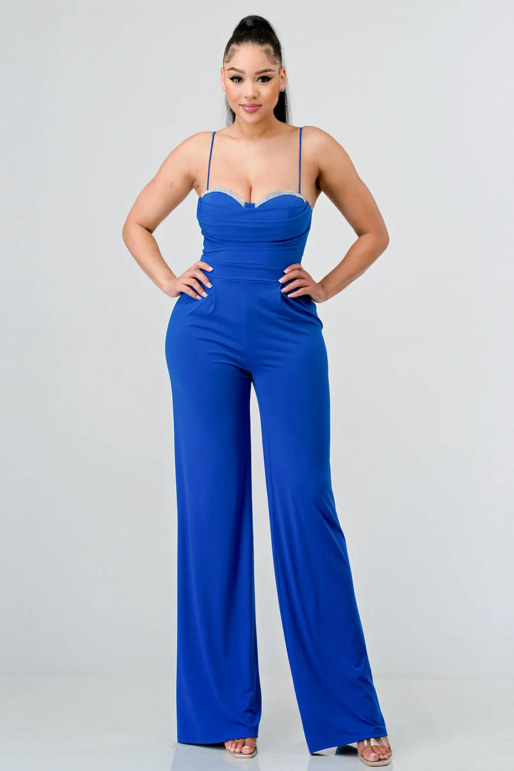 LUXE CRYSTAL EMBELLISHED BUST WIDE LEG JUMPSUIT