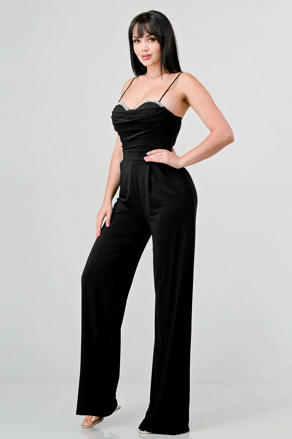 LUXE CRYSTAL EMBELLISHED BUST WIDE LEG JUMPSUIT