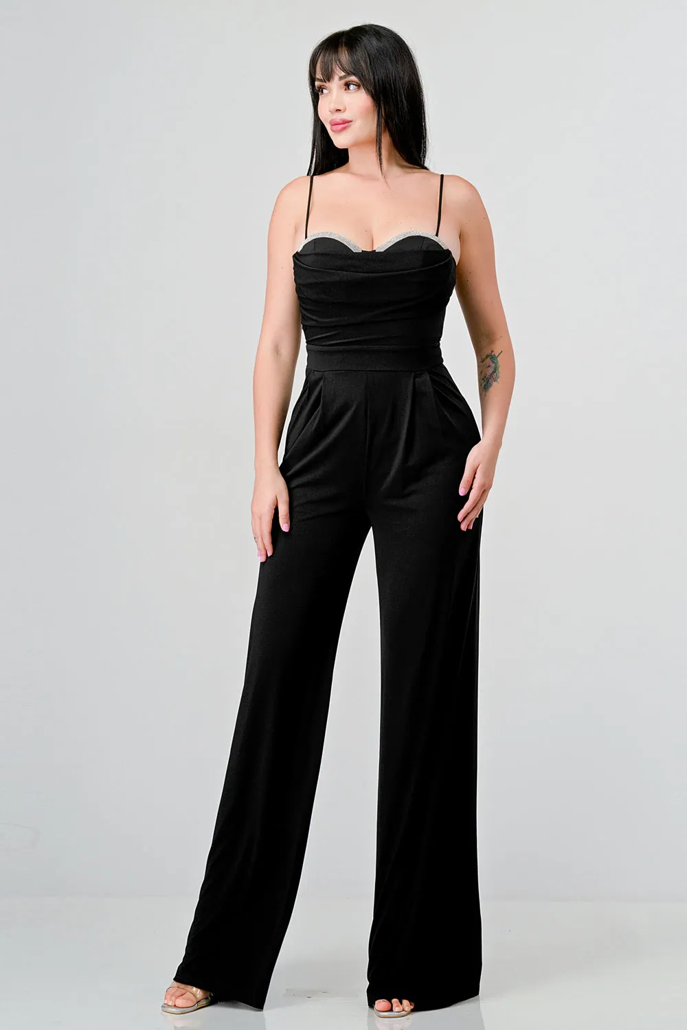 LUXE CRYSTAL EMBELLISHED BUST WIDE LEG JUMPSUIT