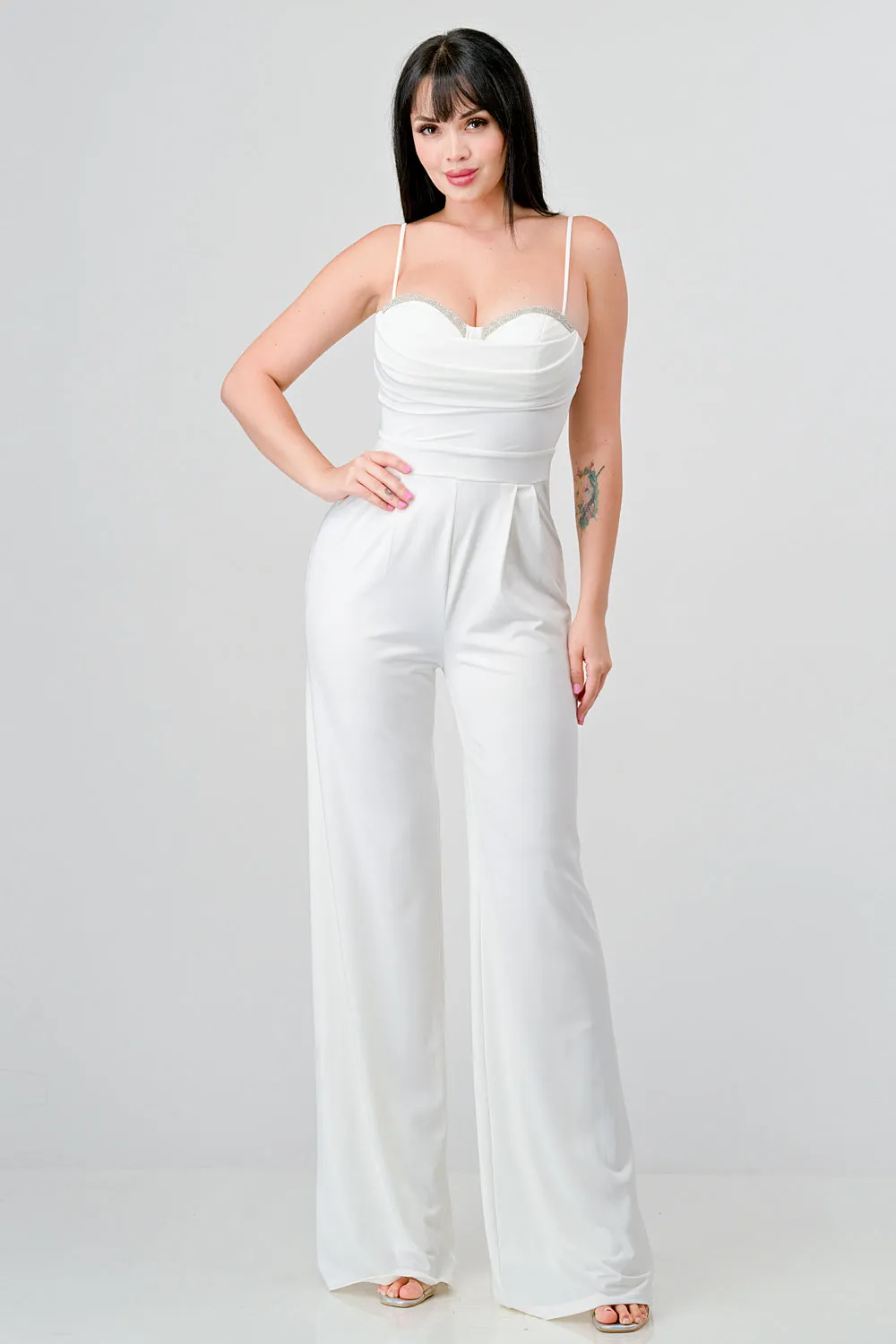 LUXE CRYSTAL EMBELLISHED BUST WIDE LEG JUMPSUIT