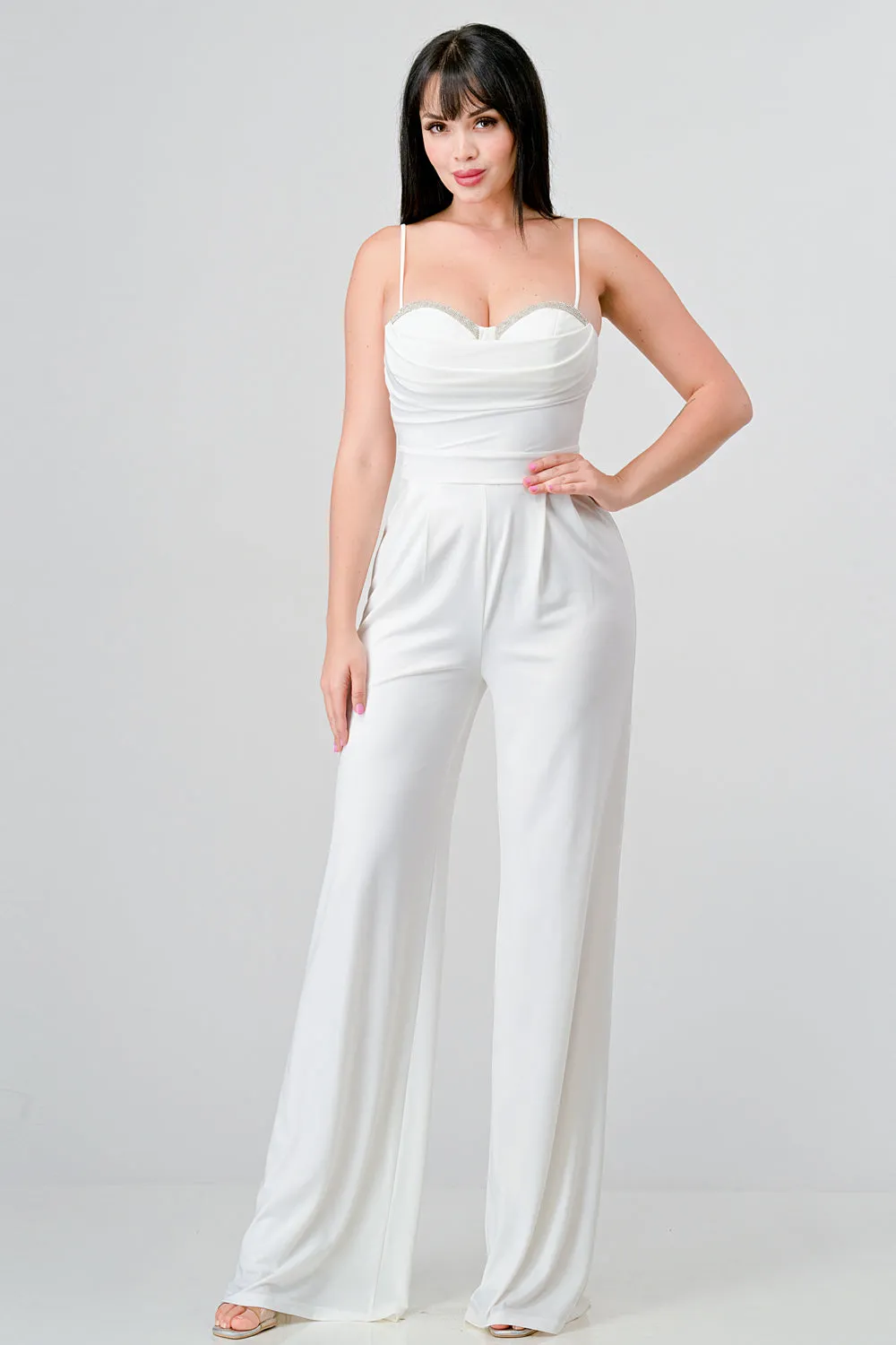 LUXE CRYSTAL EMBELLISHED BUST WIDE LEG JUMPSUIT