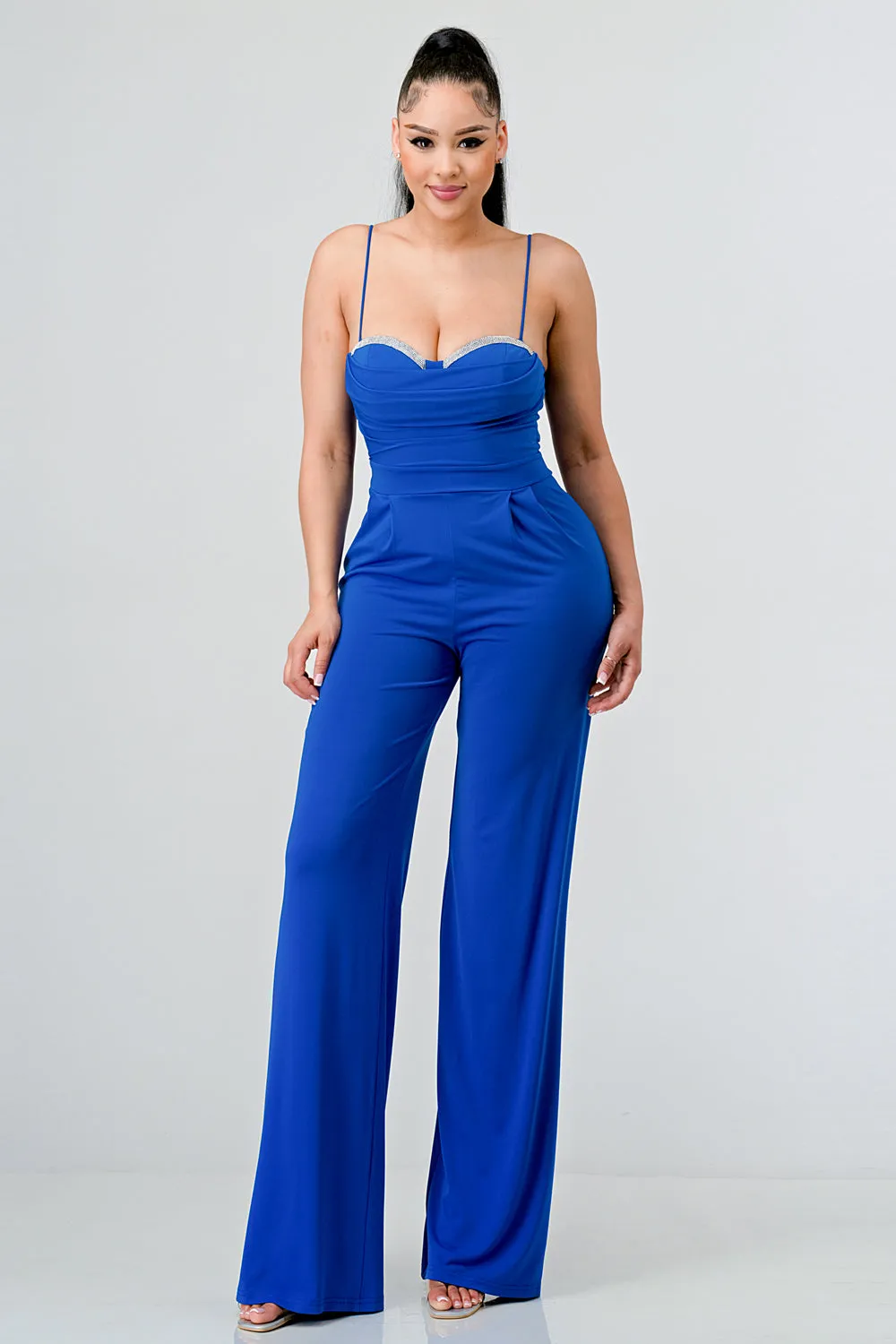 LUXE CRYSTAL EMBELLISHED BUST WIDE LEG JUMPSUIT