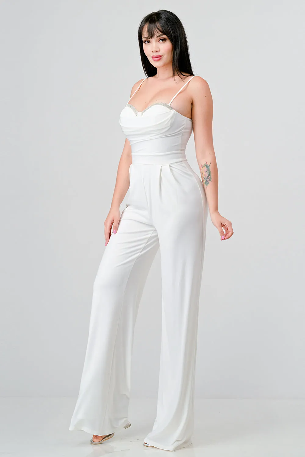 LUXE CRYSTAL EMBELLISHED BUST WIDE LEG JUMPSUIT