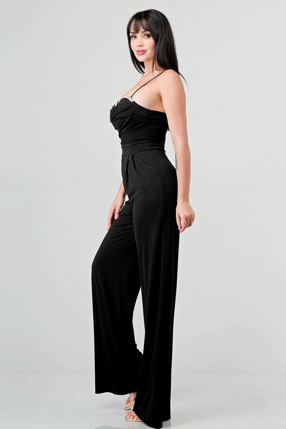 LUXE CRYSTAL EMBELLISHED BUST WIDE LEG JUMPSUIT