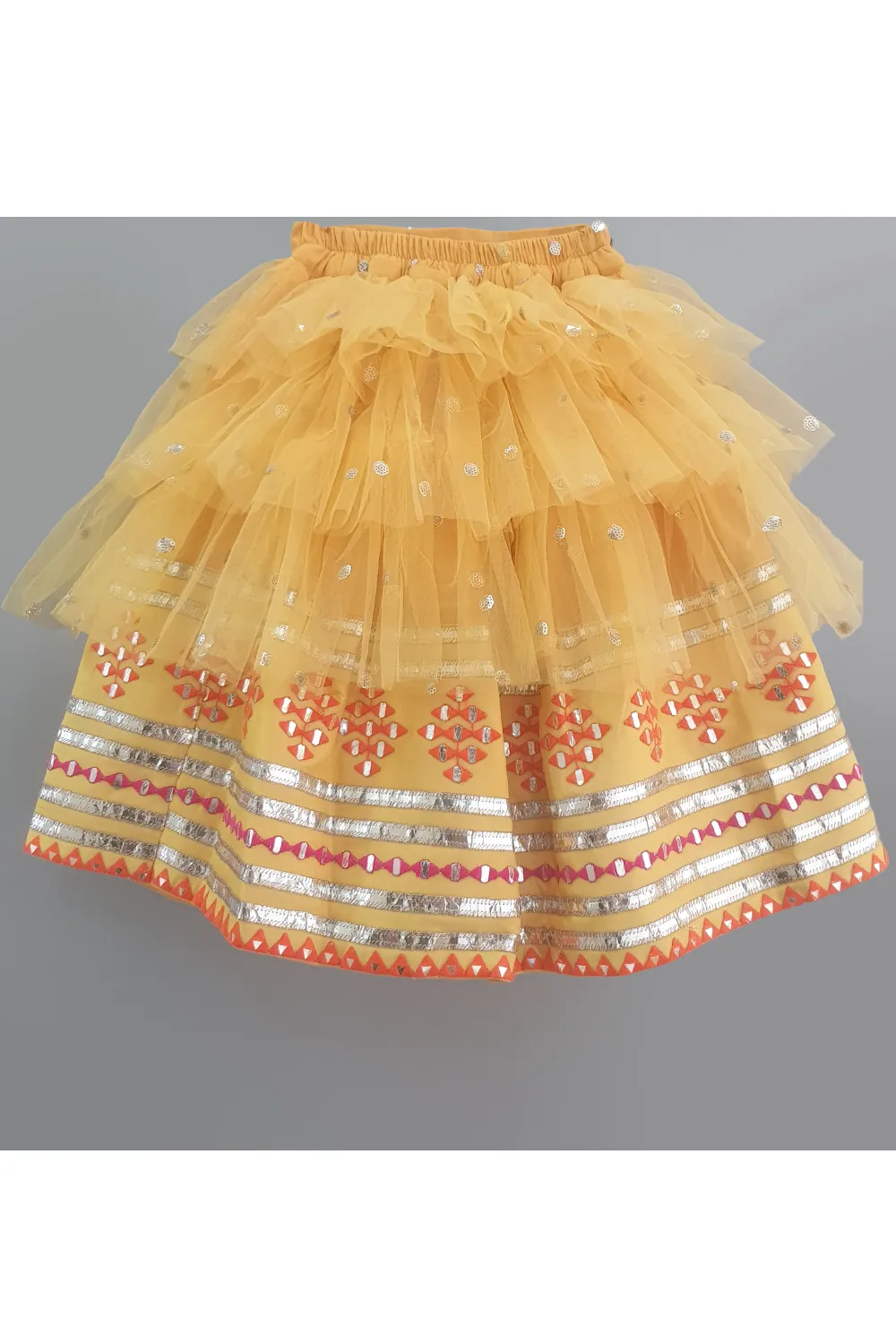 Mango yellow embroidered choli and lehenga with frilly dupatta