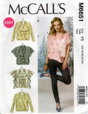 McCall's M6651 Womens Draped Ruffled Tops Out Of Print Sewing Pattern Size 16 - 24 UNCUT Factory Folded