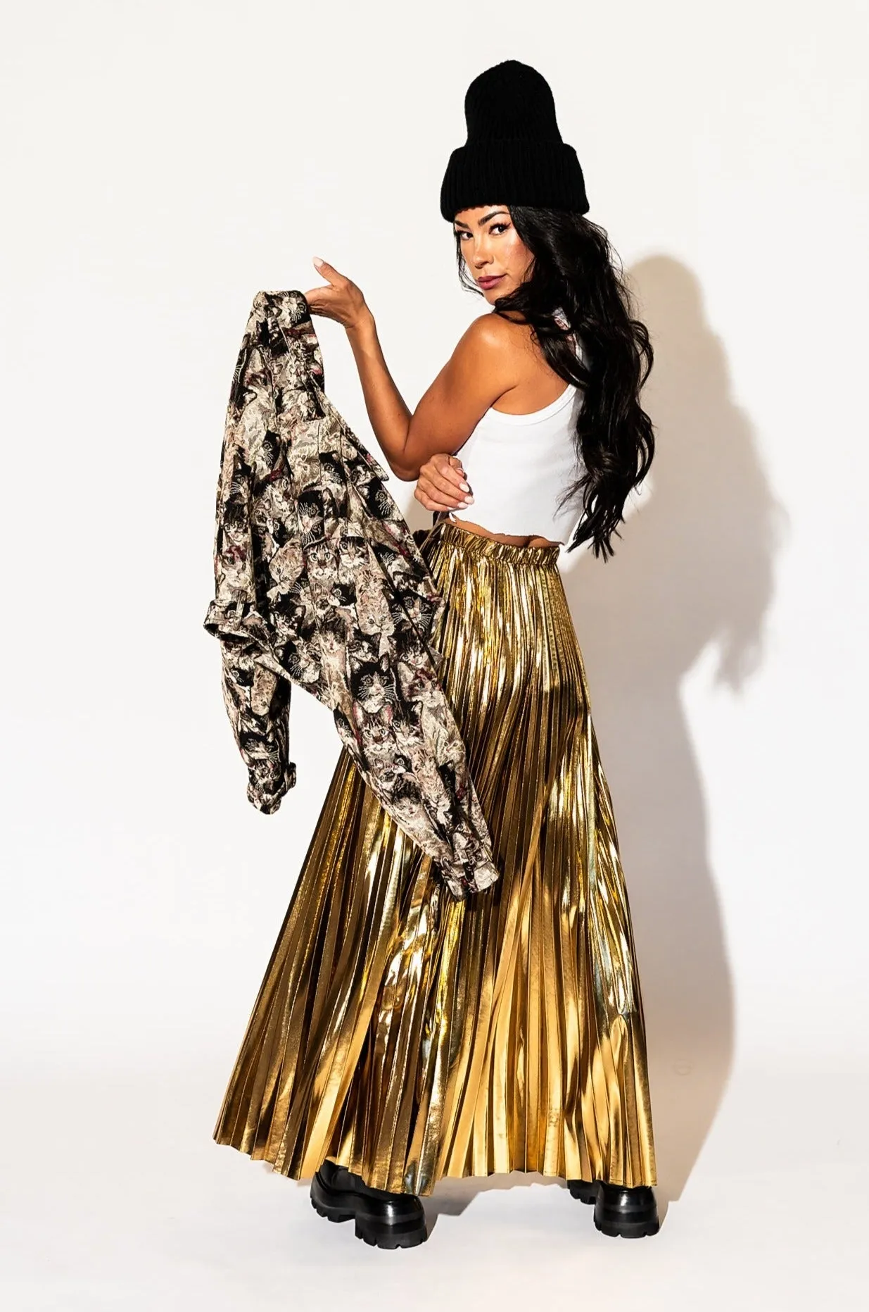 Metallic Pleated Midi Skirt in 24 Karat Gold