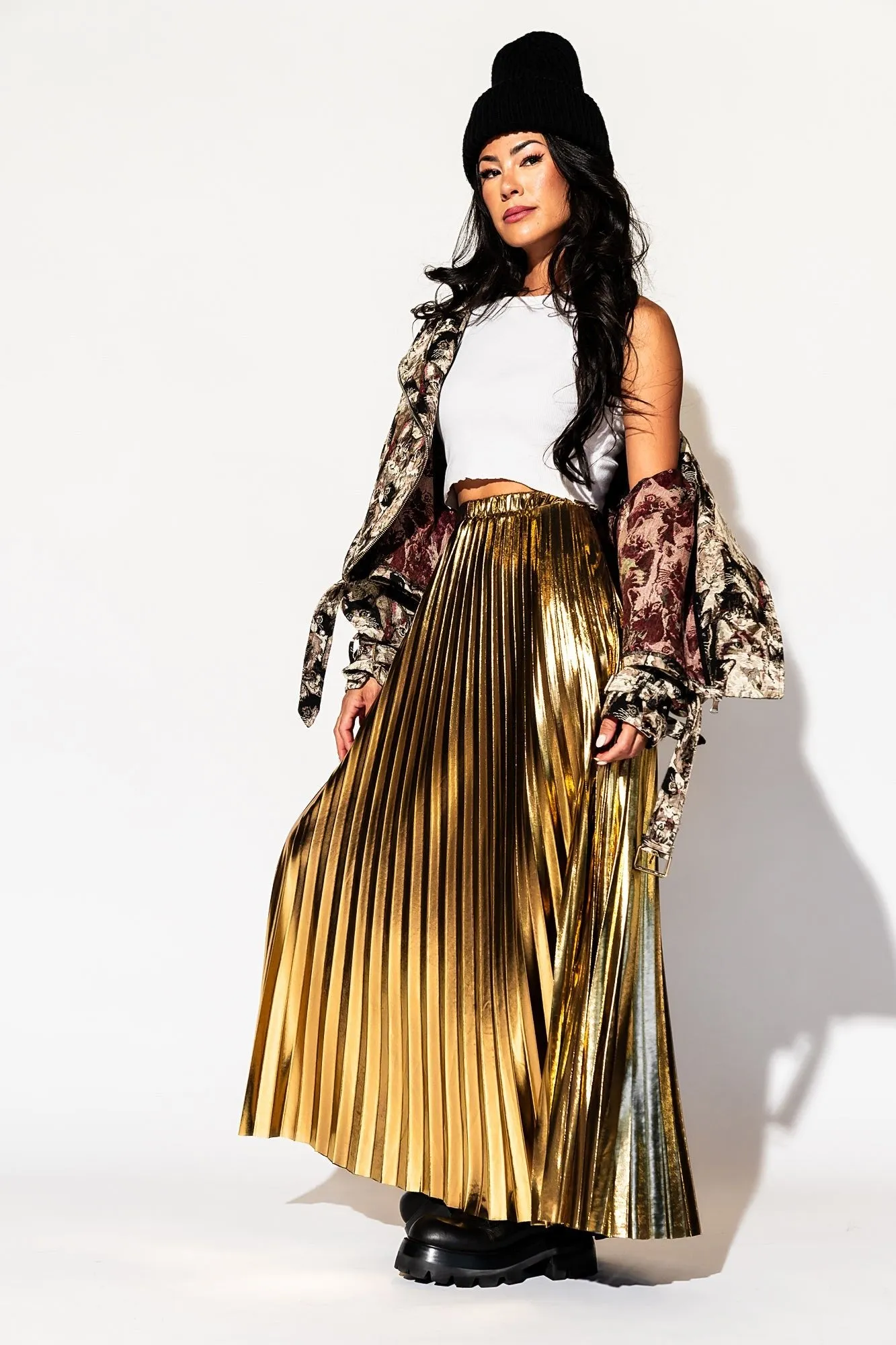 Metallic Pleated Midi Skirt in 24 Karat Gold