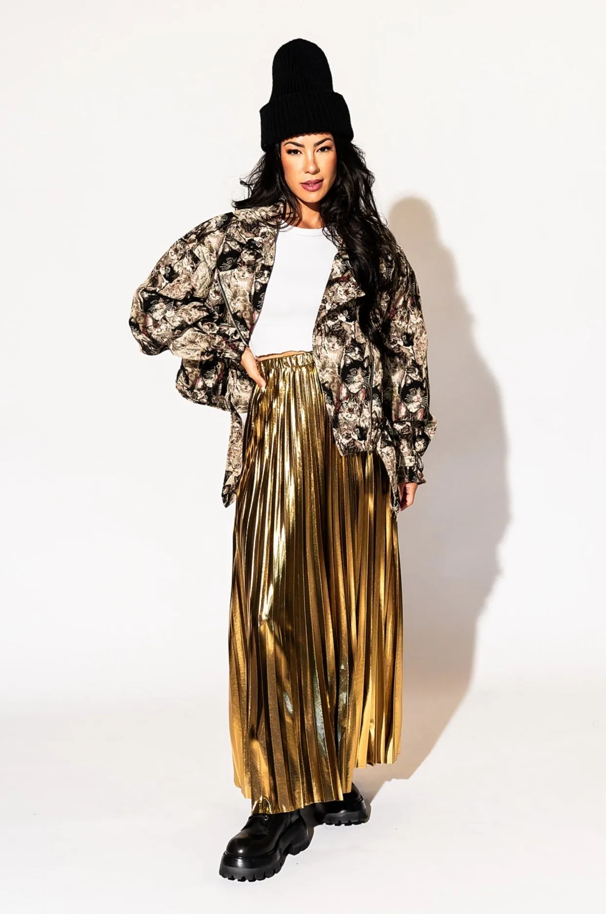 Metallic Pleated Midi Skirt in 24 Karat Gold