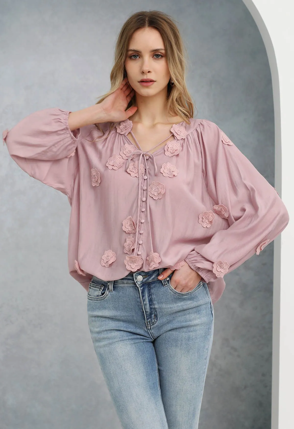 Mila - Lace flower satin blouse