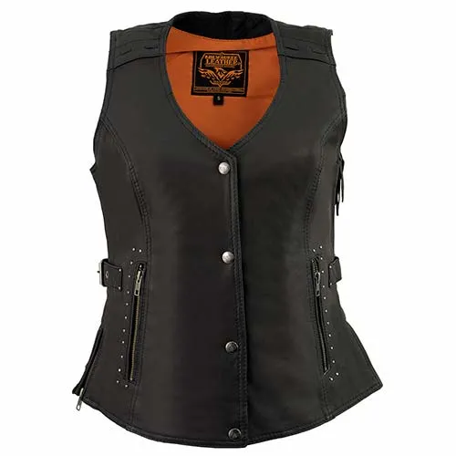 Milwaukee Leather MLL4565 Women's Black Fringed Leather Rivet Detail Side Buckle and Zipper Motorcycle Rider Vest