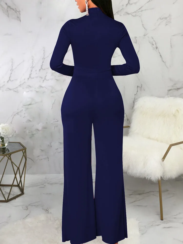 Mock Neck Long Sleeve Wide Leg Jumpsuits