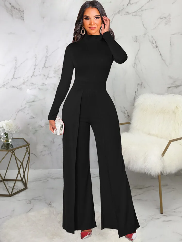 Mock Neck Long Sleeve Wide Leg Jumpsuits