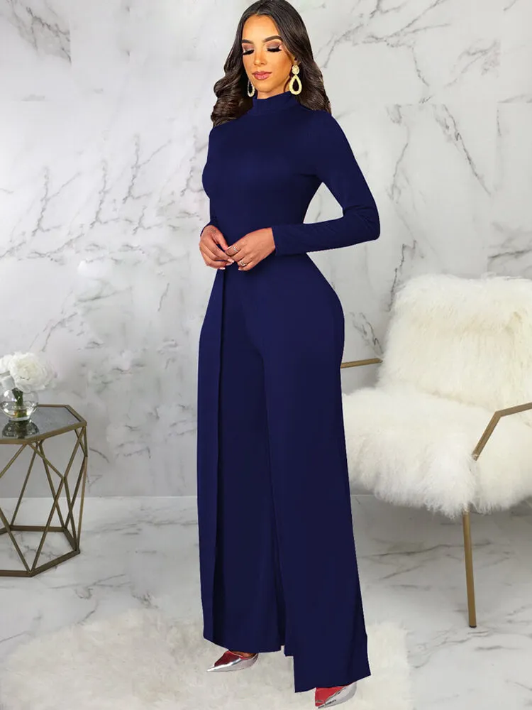 Mock Neck Long Sleeve Wide Leg Jumpsuits