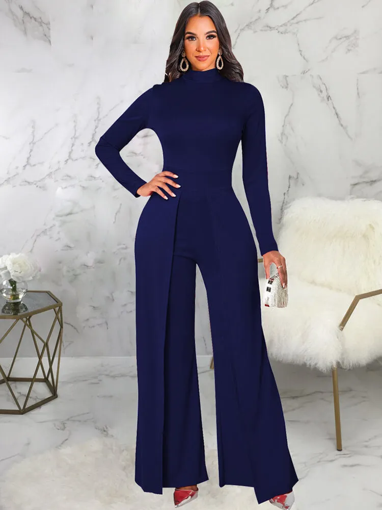 Mock Neck Long Sleeve Wide Leg Jumpsuits