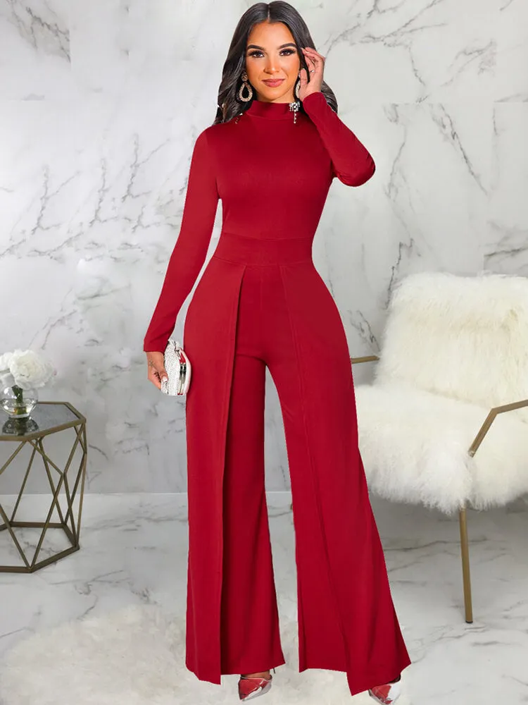 Mock Neck Long Sleeve Wide Leg Jumpsuits