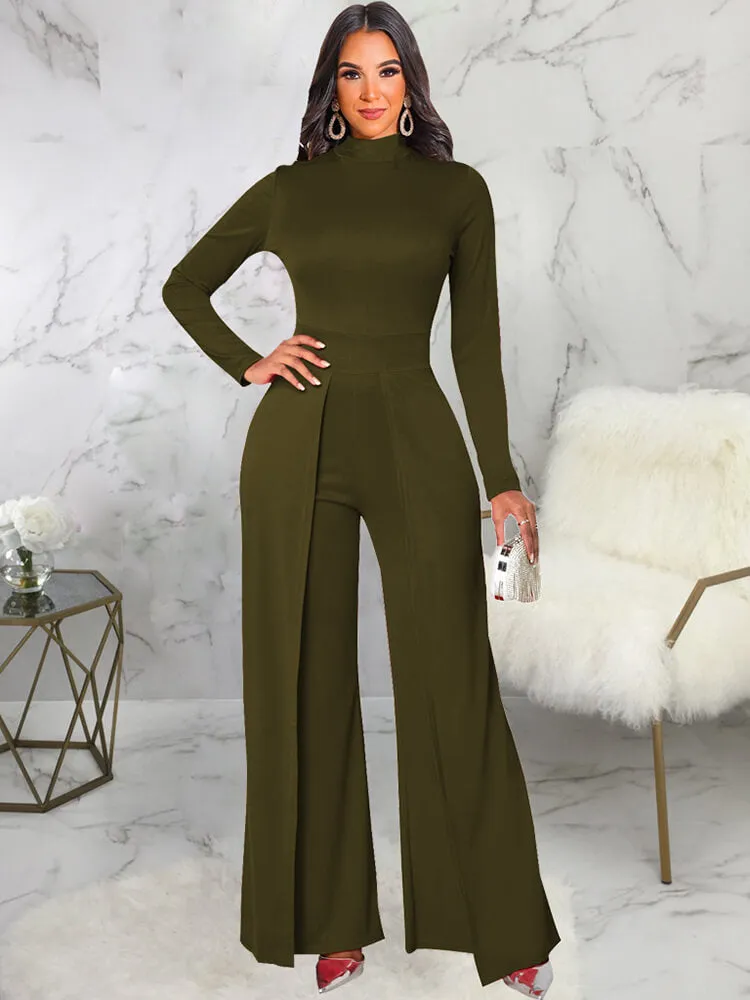 Mock Neck Long Sleeve Wide Leg Jumpsuits