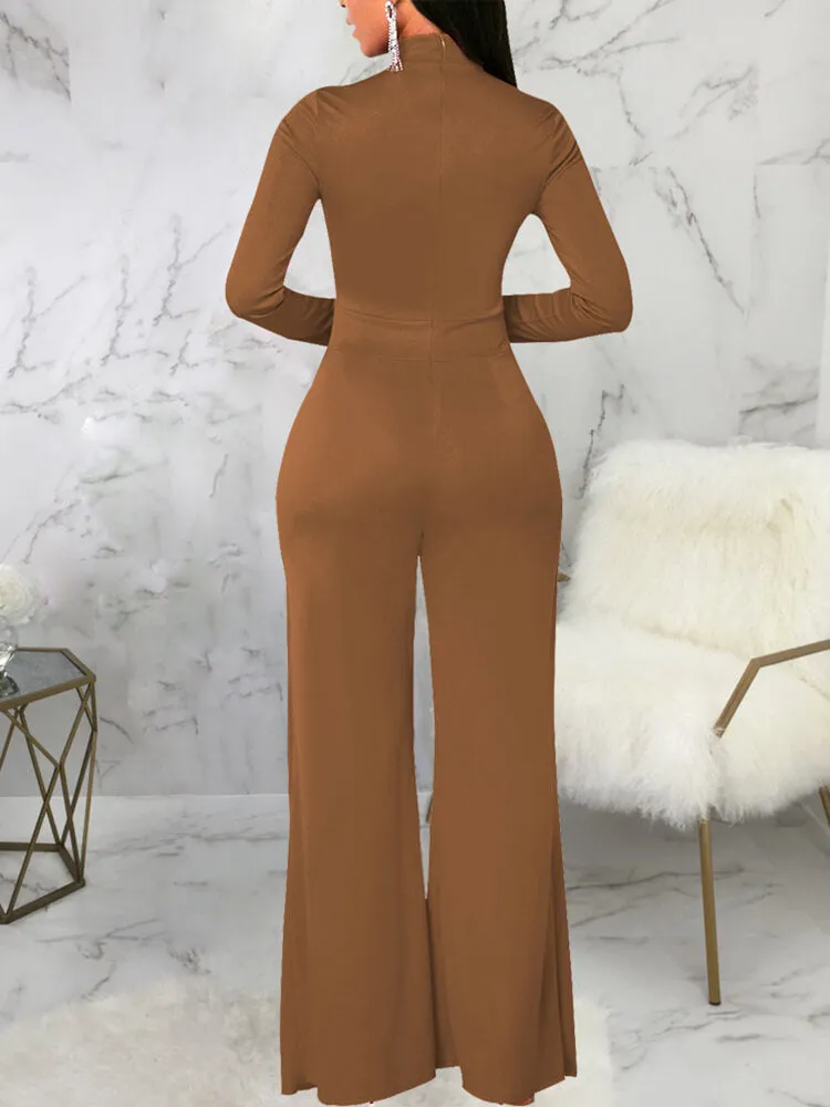 Mock Neck Long Sleeve Wide Leg Jumpsuits