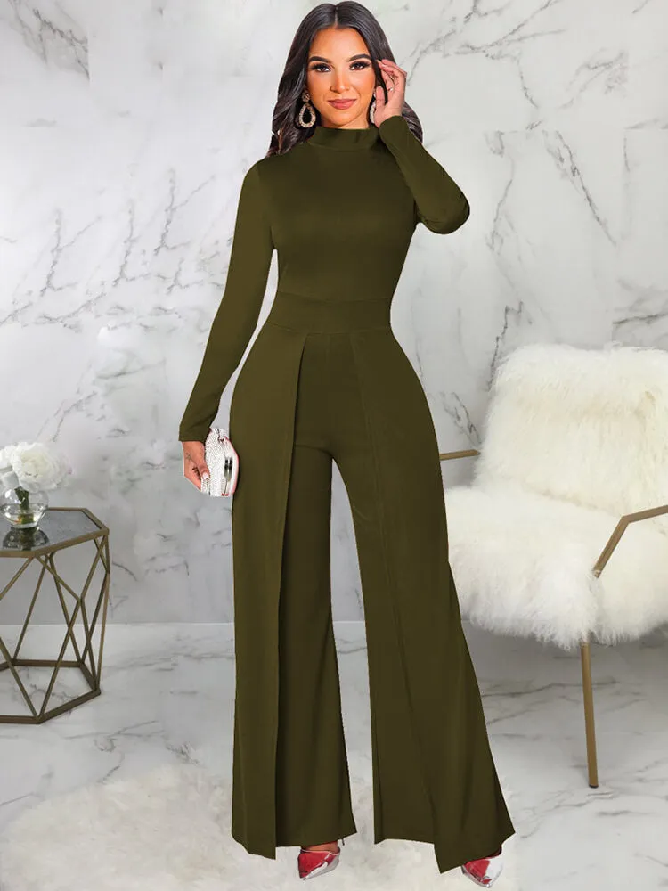 Mock Neck Long Sleeve Wide Leg Jumpsuits