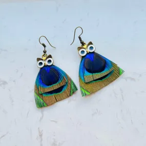 Natural Feather Colorful Owl Dangle Earrings