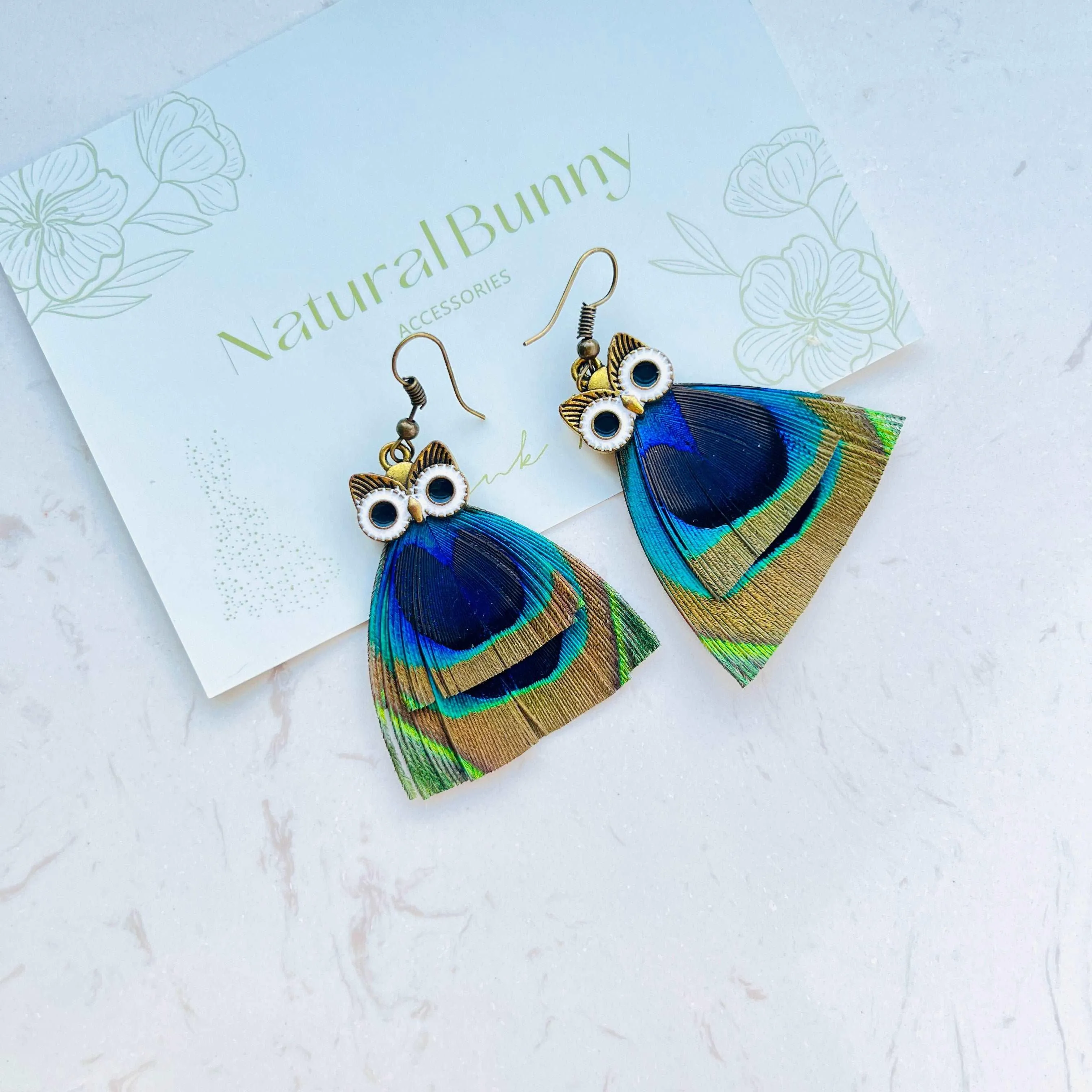 Natural Feather Colorful Owl Dangle Earrings