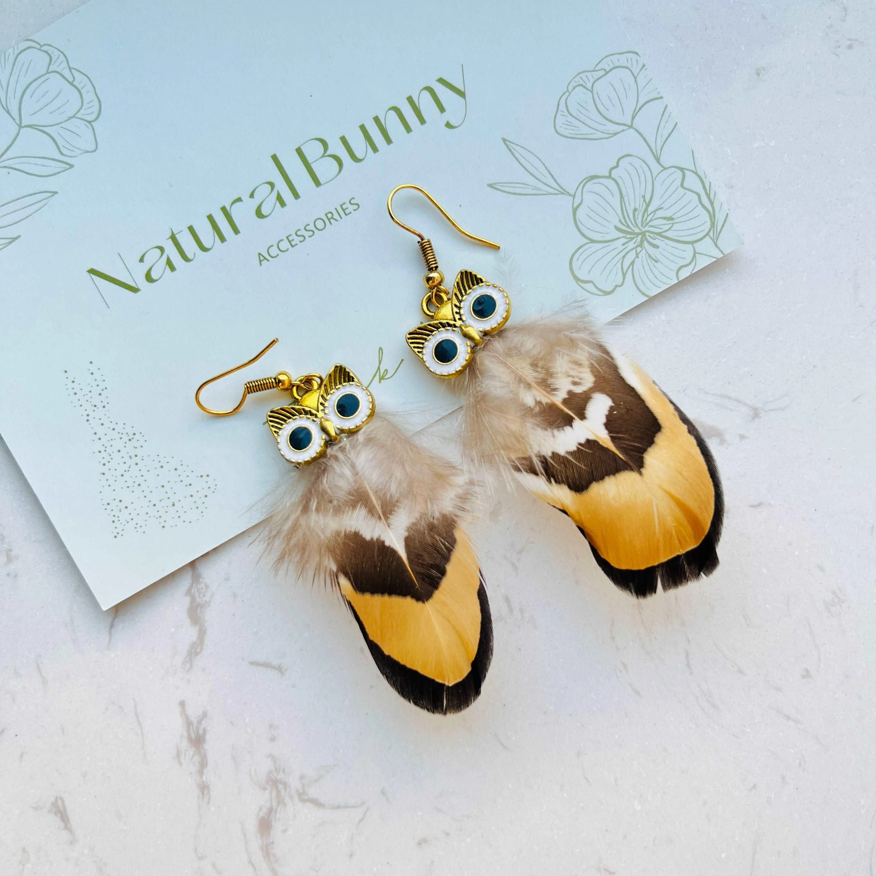 Natural Feather Colorful Owl Dangle Earrings