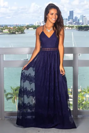 Navy Maxi Dress with Embroidered Tulle Skirt